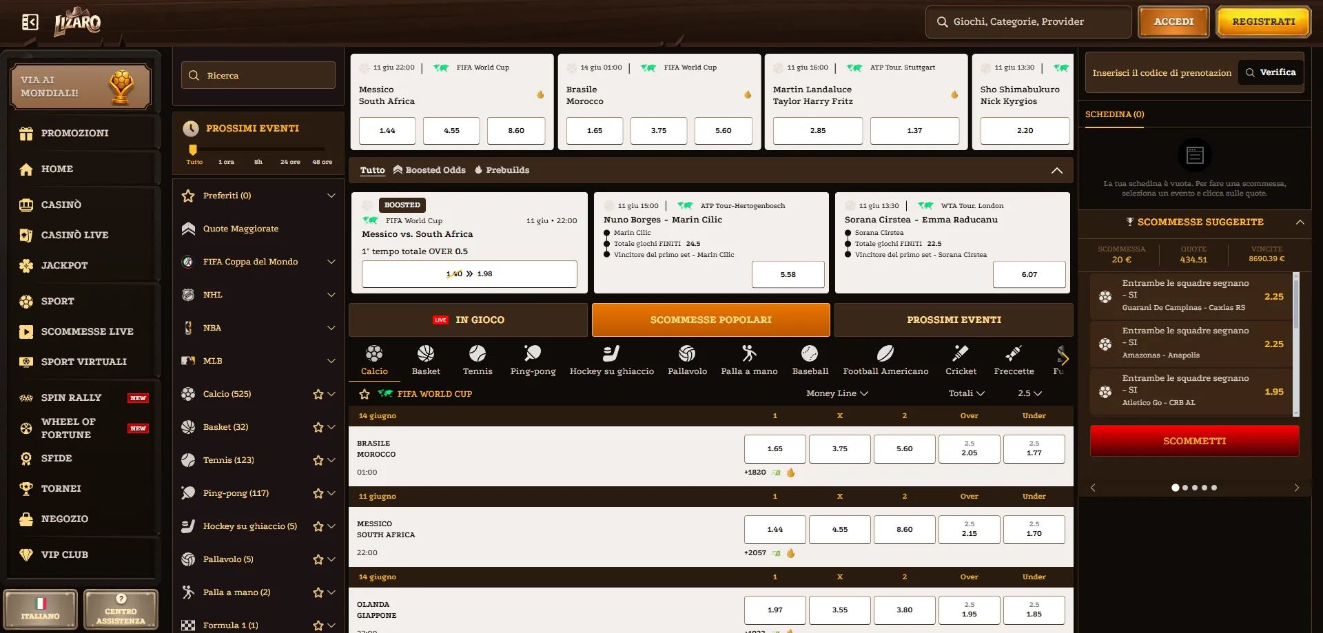 Lizaro scommesse sportive quote Serie A e Champions League